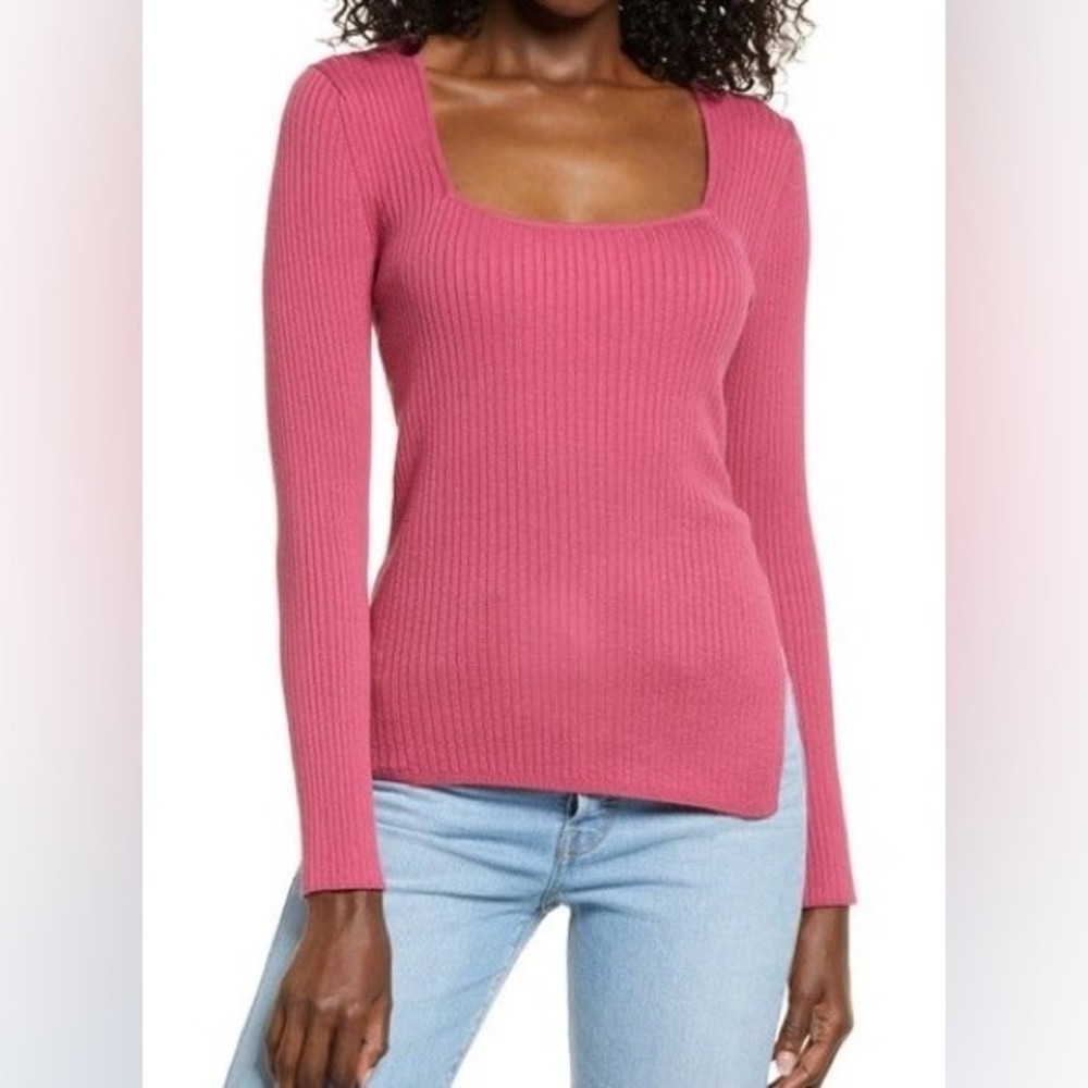 Nordstrom Open Edit Ribbed Square Neck Asymmetric Hem Side Slit